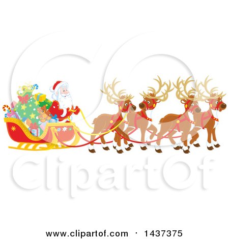 Clipart of a Team of Christmas Reindeer Ulling Santa in a Sleigh - Royalty Free Vector Illustration by Alex Bannykh