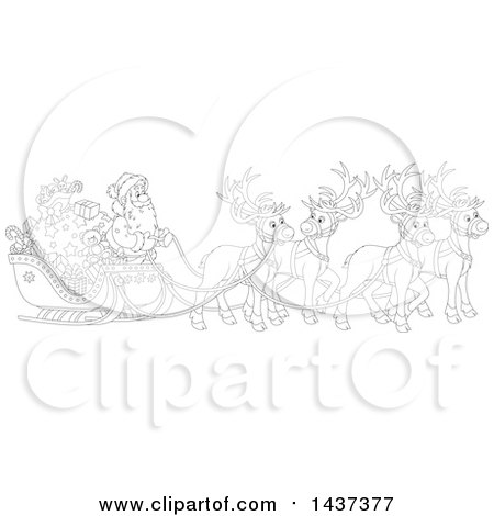 Clipart of a Cartoon Black and White Lineart Team of Magic Christmas Reindeer Ulling Santa in a Sleigh - Royalty Free Vector Illustration by Alex Bannykh