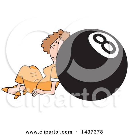 Clipart of a Cartoon Caucasian Woman Behind the Eight Ball - Royalty Free Vector Illustration by Johnny Sajem