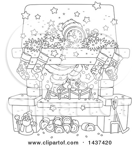 Clipart of a Cartoon Black and White Lineart Decorated Christmas Hearth Fireplace with Santas Feet - Royalty Free Vector Illustration by Alex Bannykh