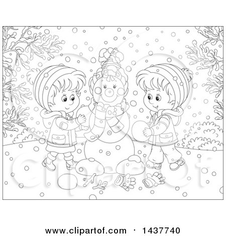 Clipart of a Black and White Lineart Happy Brother and Sister Building a Snowman on a Winter Day - Royalty Free Vector Illustration by Alex Bannykh