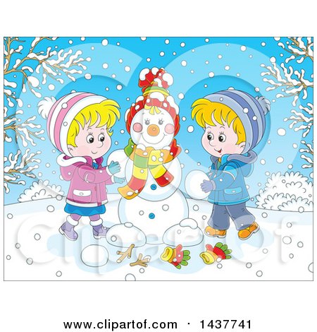 Clipart of a Cartoon Blond White Brother and Sister Building a Snowman on a Winter Day - Royalty Free Vector Illustration by Alex Bannykh