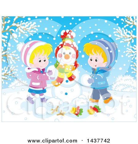 Clipart of a Happy Blond Caucasian Brother and Sister Building a Snowman on a Winter Day - Royalty Free Vector Illustration by Alex Bannykh