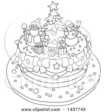 Clipart of a Cartoon Black and White Lineart Festive Christmas Cake with Tree, Snowman and Santa Toppers - Royalty Free Vector Illustration by Alex Bannykh