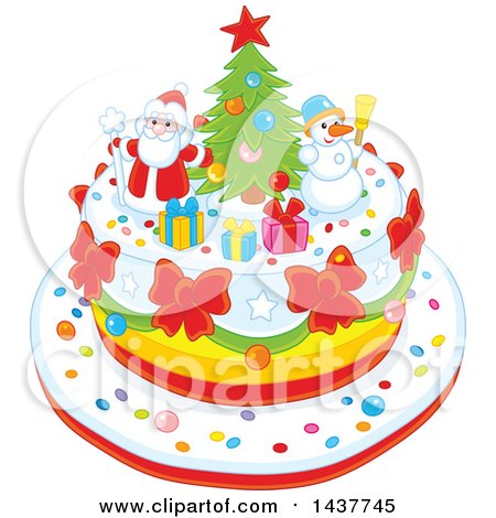 Clipart of a Festive Xmas Cake with Tree, Snowman and Santa Toppers - Royalty Free Vector Illustration by Alex Bannykh