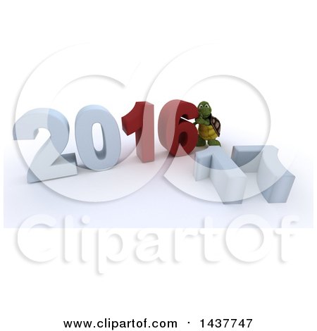 Clipart of a 3d Tortoise Getting Ready to Remove 16 and Change It to New Year 2017, on a Shaded White Background - Royalty Free Illustration by KJ Pargeter
