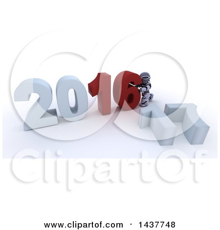 Clipart of a 3d Silver Robot Getting Ready to Remove 16 and to Make New Year 2017, over White - Royalty Free Illustration by KJ Pargeter