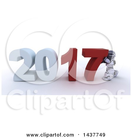 Clipart of a 3d Silver Robot Pushing Together New Year 2017, over White - Royalty Free Illustration by KJ Pargeter