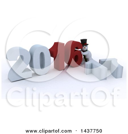 Clipart of a 3d Snowman Getting Ready to Remove 16 and to Make New Year 2017, over White - Royalty Free Illustration by KJ Pargeter