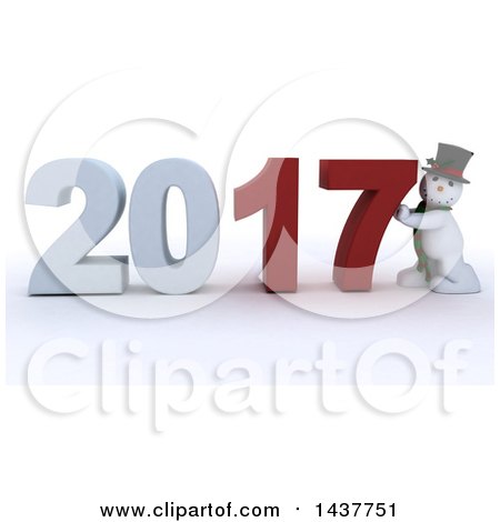 Clipart of a 3d Snowman Pushing 2017 New Year Together, on a Shaded White Background - Royalty Free Illustration by KJ Pargeter