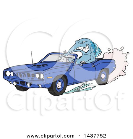 Clipart of a Tough Fish Driving a Blue Hemi 1971 Plymouth Barracuda Convertible Muscle Car - Royalty Free Vector Illustration by LaffToon