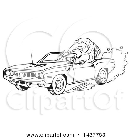 Clipart of a Black and White Lineart Tough Fish Driving a 1971 Hemi Plymouth Barracuda Convertible Muscle Car - Royalty Free Vector Illustration by LaffToon