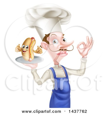 Clipart of a White Male Chef with a Curling Mustache, Holding a Hot Dog Mascot on a Platter, and Gesturing Ok - Royalty Free Vector Illustration by AtStockIllustration