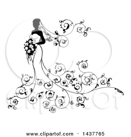 Clipart of a Silhouetted Black and White Bride Posing in a Wedding Gown, with a Bouquet and Floral Swirls - Royalty Free Vector Illustration by AtStockIllustration