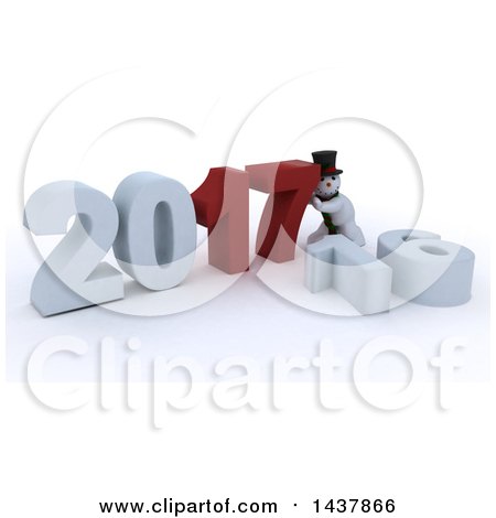 Clipart of a 3d Snowman Pushing Together New Year 2017, with 16 on the Ground, over White - Royalty Free Illustration by KJ Pargeter