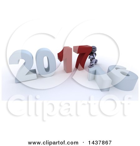 Clipart of a 3d Silver Robot Pushing Together New Year 2017, with 16 on the Ground, over White - Royalty Free Illustration by KJ Pargeter