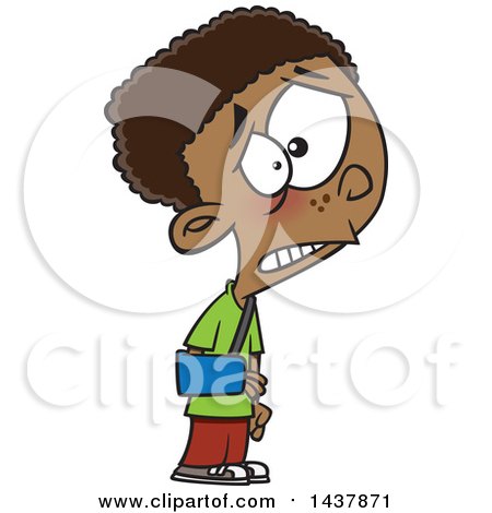 Clipart of a Cartoon Black Boy Wearing a Sling on His Arm - Royalty Free Vector Illustration by toonaday