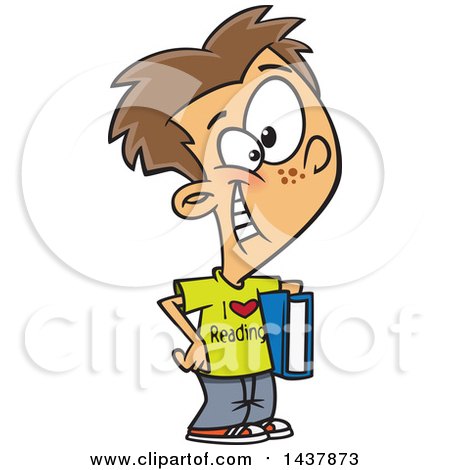 Clipart of a Cartoon Caucasian Boy Wearing an I Love Reading Shirt and Holding a Book - Royalty Free Vector Illustration by toonaday
