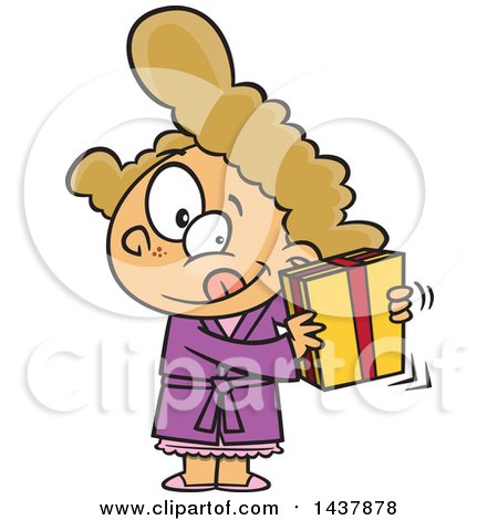Clipart of a Cartoon White Girl Shaking a Gift - Royalty Free Vector Illustration by toonaday