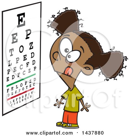 Clipart of a Cartoon Black Girl Looking at an Eye Chart - Royalty Free Vector Illustration by toonaday