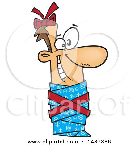 Clipart of a Cartoon White Man Wrapped up As a Christmas Gift - Royalty Free Vector Illustration by toonaday
