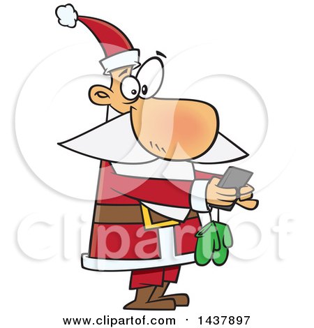 Clipart of a Cartoon Christmas Santa Claus Texting on a Smart Phone - Royalty Free Vector Illustration by toonaday