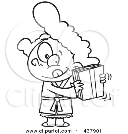 Clipart of a Cartoon Black and White Lineart Little Girl Shaking a Gift - Royalty Free Vector Illustration by toonaday