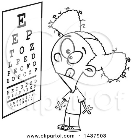 Clipart of a Cartoon Black and White Lineart Little Girl Looking at an Eye Chart - Royalty Free Vector Illustration by toonaday