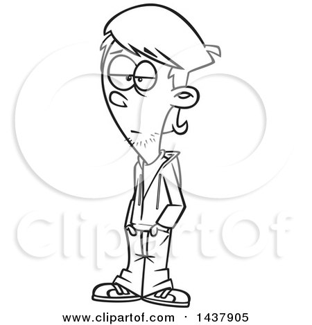 Clipart of a Cartoon Black and White Lineart Teenage Guy - Royalty Free Vector Illustration by toonaday