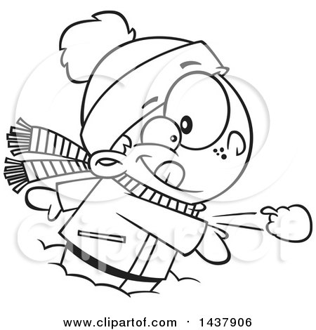 Clipart of a Cartoon Black and White Lineart Little Boy Throwing a Snowball - Royalty Free Vector Illustration by toonaday