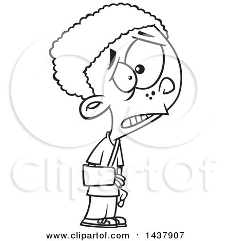 Clipart of a Cartoon Black and White Lineart Little Boy Wearing a Sling on His Arm - Royalty Free Vector Illustration by toonaday