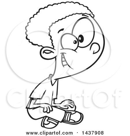 Clipart of a Cartoon Black and White Lineart Little Boy Sitting on the Ground - Royalty Free Vector Illustration by toonaday