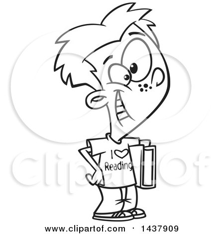 Clipart of a Cartoon Black and White Lineart Little Boy Wearing an I Love Reading Shirt and Holding a Book - Royalty Free Vector Illustration by toonaday