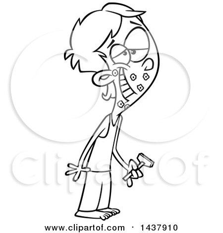 Clipart of a Cartoon Black and White Lineart Teenage Guy Shaving for the First Time - Royalty Free Vector Illustration by toonaday