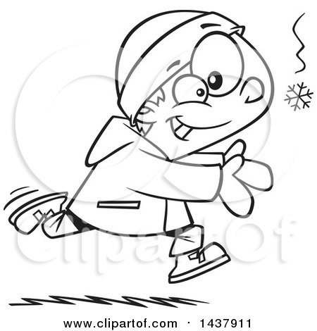 Clipart of a Cartoon Black and White Lineart Little Boy Catching a Snowflake - Royalty Free Vector Illustration by toonaday