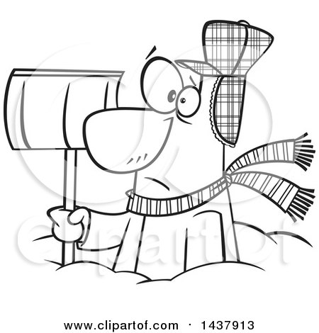 Clipart of a Cartoon Black and White Lineart Man Buried in Snow, Holding a Shovel - Royalty Free Vector Illustration by toonaday