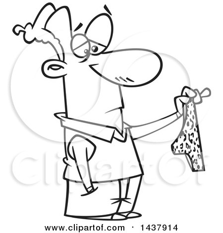 Clipart of a Cartoon Black and White Lineart Unenthused Man Holding out Tighties Underwear - Royalty Free Vector Illustration by toonaday