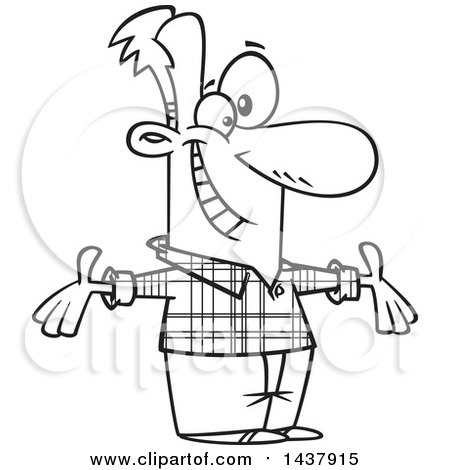 Clipart of a Cartoon Black and White Lineart Welcoming Man Wearing a Plaid Shirt - Royalty Free Vector Illustration by toonaday