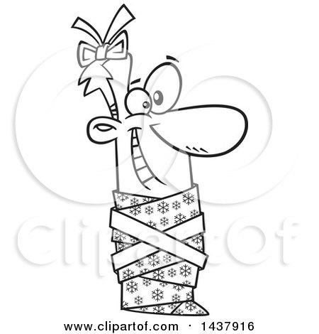Clipart of a Cartoon Black and White Lineart Man Wrapped up As a Christmas Gift - Royalty Free Vector Illustration by toonaday