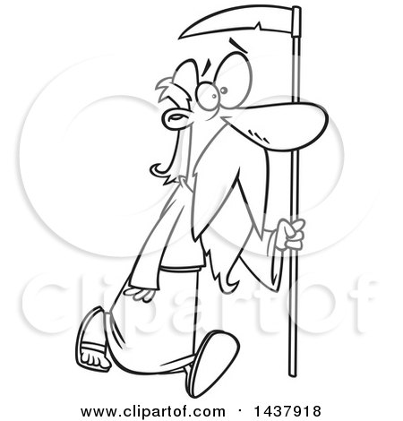 Clipart of a Cartoon Black and White Lineart Father Time Walking with a Scythe - Royalty Free Vector Illustration by toonaday