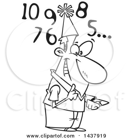 Clipart of a Cartoon Black and White Lineart Man Counting down to New Year - Royalty Free Vector Illustration by toonaday