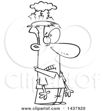 Clipart of a Cartoon Black and White Lineart Man Brainstorming - Royalty Free Vector Illustration by toonaday