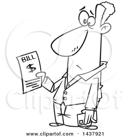 Clipart of a Cartoon Black and White Lineart Man Holding a Bill - Royalty Free Vector Illustration by toonaday