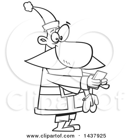 Clipart of a Cartoon Black and White Lineart Christmas Santa Claus Texting on a Smart Phone - Royalty Free Vector Illustration by toonaday
