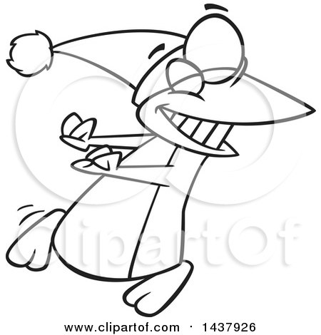 Clipart of a Cartoon Black and White Lineart Christmas Penguin Doing a Happy Dance - Royalty Free Vector Illustration by toonaday