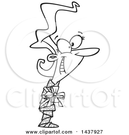 Clipart of a Cartoon Black and White Lineart Woman Wrapped up As a Gift - Royalty Free Vector Illustration by toonaday