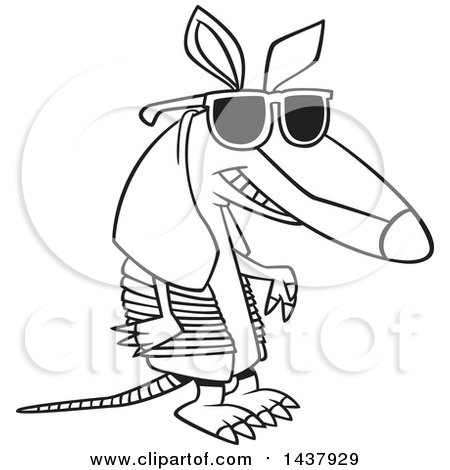 Clipart of a Cartoon Black and White Lineart Armadillo Wearing Sunglasses - Royalty Free Vector Illustration by toonaday
