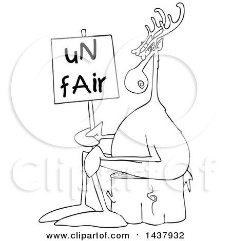 Clipart of a Cartoon Black and White Lineart Christmas Reindeer on Strike, Sitting on a Stump with an Unfair Sign - Royalty Free Vector Illustration by djart
