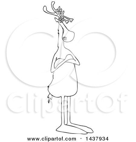 Clipart of a Cartoon Black and White Lineart Christmas Reindeer Standing Upright with Folded Arms - Royalty Free Vector Illustration by djart