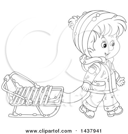 Clipart of a Cartoon Black and White Lineart Happy Boy Pulling a Winter Sled - Royalty Free Vector Illustration by Alex Bannykh